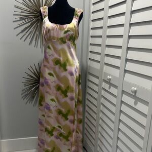 Astr Satin Scoop-Neck Maxi Dress in Pink, Olive & Lavender